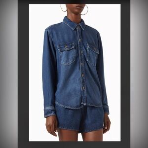 Good American Weightless Easy Shirt Womens 0 Blue Indigo Chambray Denim Western